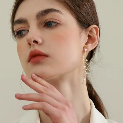 Gold/Silver Clip on Earrings Non Pierced for Women - 14K Gold Plated Long Tasse Drop Dangle Clip Earrings - Cubic Zirconia Leaf Earrings for Women Gold Wedding Jewelry Gifts - color: Gold