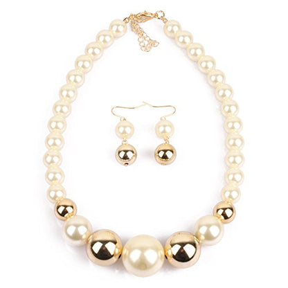 Fuqimanman2020 Chunky Large Simulated Pearl Choker Necklace Drop Dangle Earrings Crystal Bib Big Round Beaded Strand Multicolor Costume Statement Wedding Jewelry Set for Women Brides - color: White B