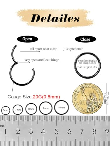 AMASIS Nose Rings and Nose Studs Set, Stainless Steel Hinged Nose Hoops and CZ Studs, Select Sizes and Styles for Nostril Septum Cartilage Piercing Jewelry - color: Black, size: 2-Piece Hoops,20Gauge,9mm