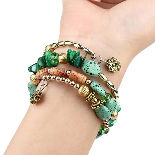 Women Beaded Bracelet Set | Colorful Boho Stackable Trendy Design with Crystal Accents Multilayer Bangle Bracelet | Fashion Stretch Braclets Jewelry for Women - color: Green.