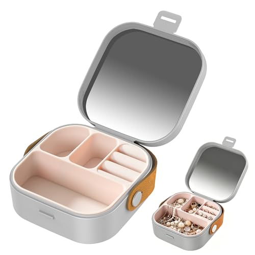 Mini Box Portable Travel Jewelry Box with Mirror, Multifunctional Storage Case for Earrings, Necklaces, Rings and Other Small Items (Gray) - color: Gray