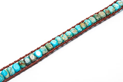 7 Chakra Bracelet Bohemian Handmade Leather Wrap Healing Protection Natural Stone Yoga Beaded Bracelets Boho Friendship Jewelry - color: Lake Blue Turquoise