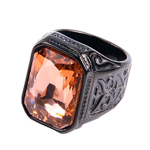 PAURO Promise Rings with Big Stone | Men's Stainless Steel, Vintage Wedding Promise Ring with Big Stone - color: Black Light Orange