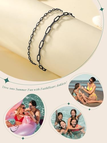 FaithHeart Waterproof Ankle Bracelets for Women, 1/2/3Pcs Non Tarnish Stainless Steel Layered Anklet Set Paperclip Figaro Cuban Link Chain Dainty Summer Beach Jewelry Gift Adjustable Size - style: e.Paperclip 2Pcs - Black