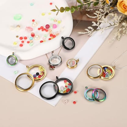 MECCANIXITY Living Memory Locket Charm, Round Floating Locket Pendants Stainless Steel Clear Glass Photo Charm - color: Rose Gold, size: 12.7/18/23 mm