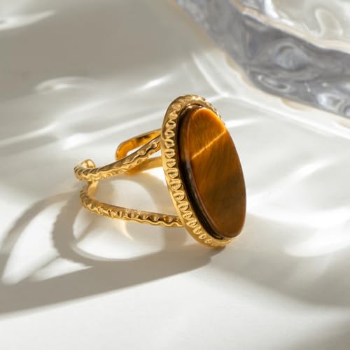 Western Captivating Tiger's Eye Stone Ring,Solitaire 8 * 10mm Oval Cut Gemstone 18K Gold Plated Stack 13mm Wide Ribbed Texture Band Statement Ring for Women - style: Tiger's Eye G