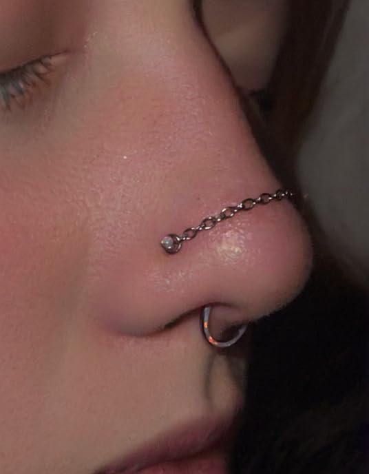 20G Nose Rings Studs with Chain Piercing Across Double Nose Stud Nose Hoop Spike Heart Ball CZ Surgical Steel Nostril Piercing Jewelry for Women Men, Black Silver Gold - color: BK-L