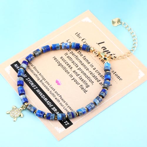 Natural Gemstone Healing Crystal Dainty Charms Bracelet Adjustable Chain Extender Minimalist Jewelry - color: Lapis + Turtle