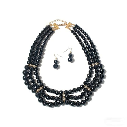 Fuqimanman2020 Chunky Large Simulated Pearl Choker Necklace Drop Dangle Earrings Crystal Bib Big Round Beaded Strand Multicolor Costume Statement Wedding Jewelry Set for Women Brides - color: Black Set