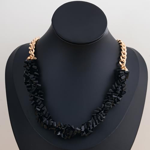Crystal Statement Necklace with Gold Chain, Black and Clear Crystal Clusters, Chunky Curb Link Design, Fashion Jewelry for Women - color: Black
