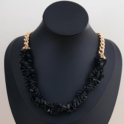 Crystal Statement Necklace with Gold Chain, Black and Clear Crystal Clusters, Chunky Curb Link Design, Fashion Jewelry for Women - color: Black