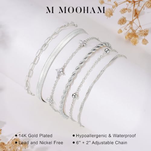 M MOOHAM Gold Bracelets Set for Women No Tarnish | 14K Gold Plated, Dainty Stackable Bracelets Stack for Women, Herringbone Paperclip Rope Cuban Chain Bracelet Set Stack - color: 2.Rope CZ Snake Set-S