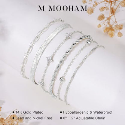 M MOOHAM Gold Bracelets Set for Women No Tarnish | 14K Gold Plated, Dainty Stackable Bracelets Stack for Women, Herringbone Paperclip Rope Cuban Chain Bracelet Set Stack - color: 2.Rope CZ Snake Set-S