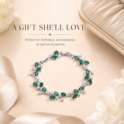 Emerald Green CZ Leaf Vine Tennis Bracelet for Women, Rhodium-Plated Brass, 8" Oval-Cut Cluster Floral Link, 5.1 mm Dainty Sparkle Gift Jewelry