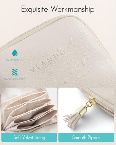 VLANDO Small Travel Jewelry Case,Velvet Pouch Bags with Zipper, Cream White | Travel Essentials,PU Leather Organizer with 5 Divided Sections,Carry-On Totes,Gift for Birthday,Bride,Bridesmaid,Women,Girls - color: A.Cream White