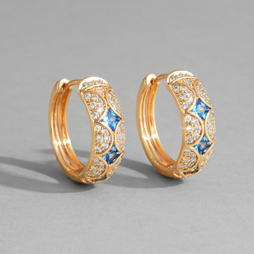 Dremmy Studios Dainty CZ Huggie Hoop Earrings 14K Gold Plated Chunky Simple Cute Thick Round Frill Bead Ball Starburst Cuff Earrings Cubic Zirconia Hoop Earrings Minimalist Personalized Gift for Her - color: Blue & White Hoops