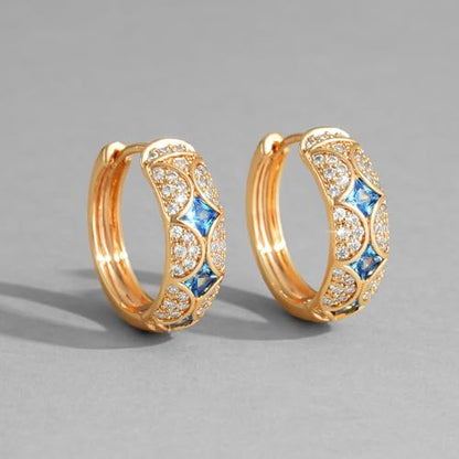 Dremmy Studios Dainty CZ Huggie Hoop Earrings 14K Gold Plated Chunky Simple Cute Thick Round Frill Bead Ball Starburst Cuff Earrings Cubic Zirconia Hoop Earrings Minimalist Personalized Gift for Her - color: Blue & White Hoops