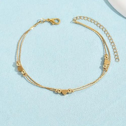 Fesciory Women Heart Anklet Adjustable Beach Layered Ankle Bracelets for Women Gold Alloy Foot Chain Jewelry - color: 3 Hearts(Gold)