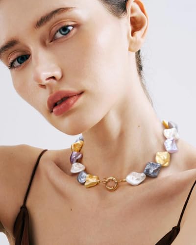 Aobei Pearl Gemstone Beaded Choker Necklace for Women Boho Turquoise/Cultured Freshwater Pearls/Garnet/Amazonite Jewelry - color: S Colorful Shell Pearl