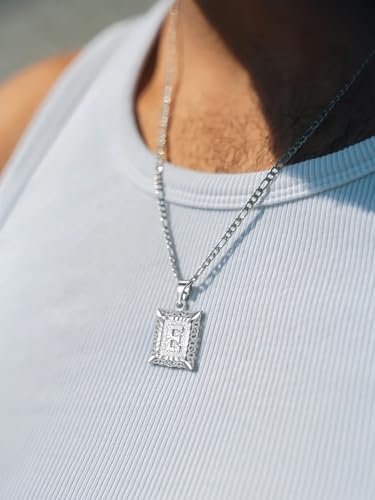 U7 Initial Letter Necklace for Men Women, 14K Gold/Silver Plated Square Capital Monogram Pendant Necklace from A-Z with 22+2 Inch Figaro Chain, Personalized Jewelry for Him - color: Silver, style: E