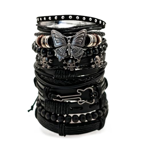 10pcs/set Black Punk Style PU Leather Bracelet Set - Adjustable Cuff Wraps for Men & Women, Perfect for Casual Attire & Gifting