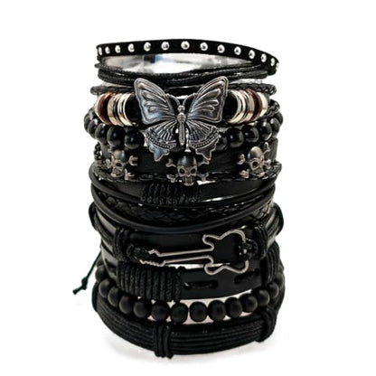 10pcs/set Black Punk Style PU Leather Bracelet Set - Adjustable Cuff Wraps for Men & Women, Perfect for Casual Attire & Gifting
