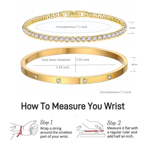 18K Gold Plated Dainty Tennis Bracelets Set 4mm/6mm Love Bangle Bracelets with 3mm/4mm Cubic Zirconia Classic Tennis Bracelet| Gold Bracelets for Women | Size 6.5/7/7.5 Inch - color: 3mm&4mm Gold Tennis Bangle, size: 7.5 Inches