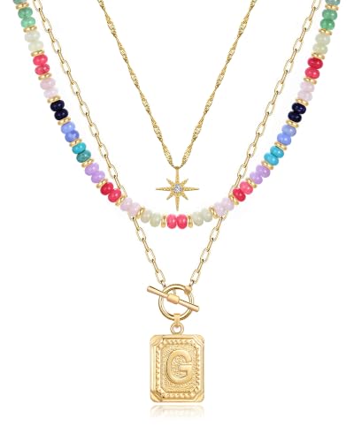 MJartoria Layered Initial Necklaces for Women | 14K Gold Plated Brass, Star Choker, Colorful Beaded, Square Letter Pendant, - color: Gold Plated, style: G