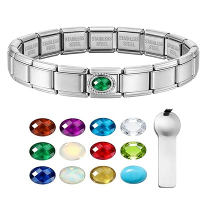 GEMOSA Birthstone Italian Charm Bracelet - 18 Links 9mm x 10mm Stainless Steel Base Bracelet with Birthstone Charm & Link Opener Tool, Polished Silver Finish Jewelry Gift Box Set for Women - color: 05-May-Green