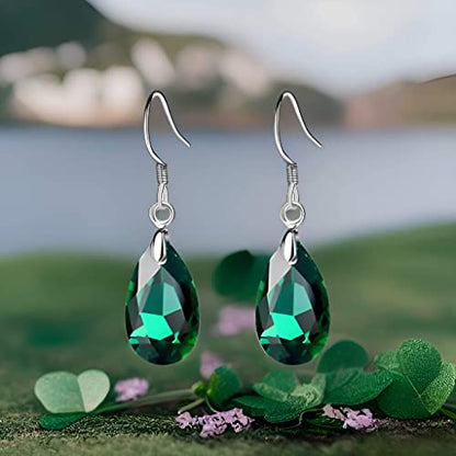 Austrian Crystal Teardrop Drop Earrings for Women, French Hook | 925 Sterling Silver Hook, Crystal Dangle Earrings, Sparkly Teardrop Stone, Lightweight Feel, Day-To-Evening Wear - color: Emerald