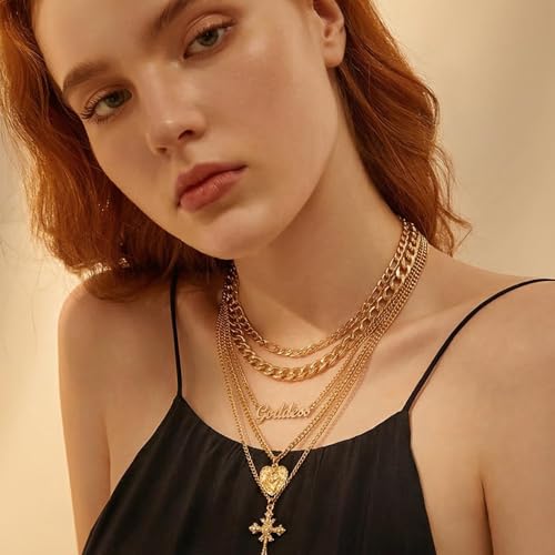 Gold-Tone Layered Necklace Set for Women Chunky Stack Big Coin Heart & Geometric Pendant Paperclip Cuban Chain Non Tarnish Fashion Elegant Layering Statement Jewelry Piece for Her
