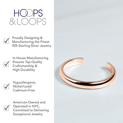 Hoops & Loops 925 Sterling Silver Open Toe Ring for Women & Men, Minimalist Adjustable Band, Tarnish Resistant, Hypoallergenic, Silver, Gold, Rose Gold, Black - color: Rose Gold
