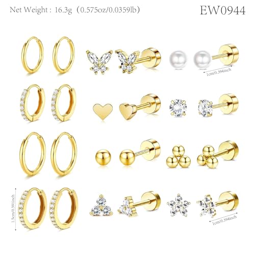 Stainless Steel Stud Earrings Set for Women Hypoallergenic Flat Back Cartilage Earrings Screw Back Huggie Hoop Earrings Multiple Piercing Cubic Zirconia Helix Tragus Jewelry - color: Set-B-14K Gold Plated