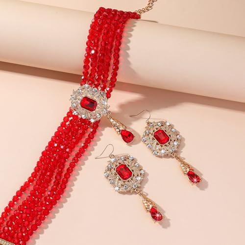 Missgrace Women Silver Black Green Red Rhinestone Crystal Tassels Bridal Necklace Earrings Sets Teardrop Necklace Dangle Earrings Set for Wedding Brides Bridesmaid - color: Red