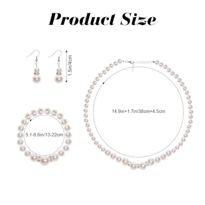 Avxdbr 4 Pieces Pearl Jewelry Lace Gloves Set for Women Girls | Petite Fit Faux Pearl Necklace Adjustable Chain Earrings Stretch Bracelet Lace Gloves for Wedding Tea Party Prom Formal
