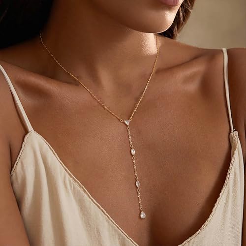 Lariat Necklace for Women, Dainty 14K Gold/Silver Plated Long Necklaces for Women Trendy Simple Layered Y-Shaped Pendant Necklace Adjustable Fashion Jewelry Gift - color: Gold, style: Four CZ Pendant