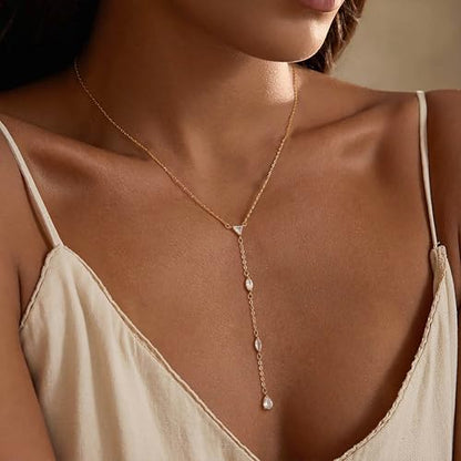Lariat Necklace for Women, Dainty 14K Gold/Silver Plated Long Necklaces for Women Trendy Simple Layered Y-Shaped Pendant Necklace Adjustable Fashion Jewelry Gift - color: Gold, style: Four CZ Pendant
