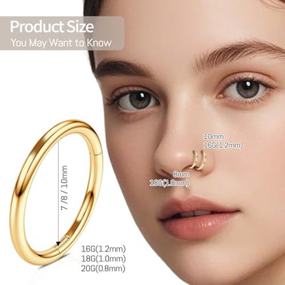 WBRWP 2Pcs Titanium Nose Rings for Women Hypoallergenic Double Hoop | Cartilage Earrings Conch Tragus Rook Piercing Jewelry 16G 18G 20G 7MM 8MM 10MM - color: Gold, size: 16g 7mm