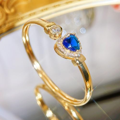 Gold Bracelets For Women, Emerald Sapphire Cuff Bracelet 14k Gold Plated With Simulated Diamond Trendy Open Bangle Gifts For Mom Gifts For Her - color: Blue Heart Gold