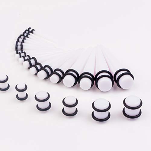 50 Pcs Ear Gauges Stretching Kit 14G-00G | Acrylic Tapers and Plugs Silicone Tunnels, Gauge Expanders Stretching Kit, Piercing Earring Jewelry for Men and Women - color: White