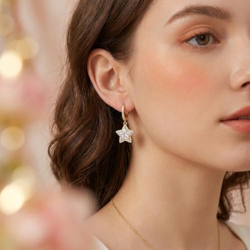 Sonateomber Christmas Tree Dangle Small Gold Hoop Earrings for Women, Cute Sparkly CZ Rhinestone Maple Clover Leaf Drop Earings Thanksgiving Holiday Accessories Fashion Jewelry Gift - color: Gold Star