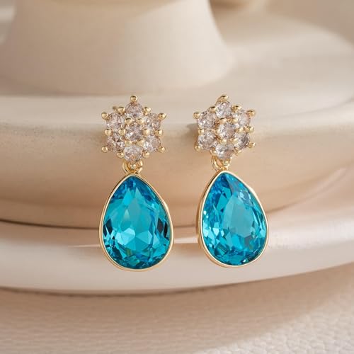 Elegant Austrian Crystal Teardrop Dangle Earrings for Women,14K Gold Plated Flower Drop Earrings Jewelry Gift for Birthday Wedding Anniversary - color: Aquamarine