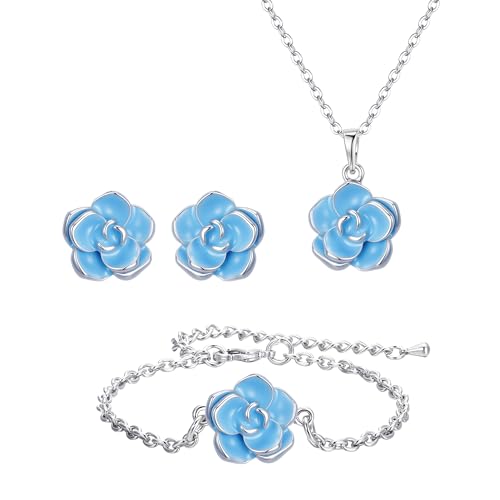 EleQueen Rose Flower Necklace Earrings Bracelet Set for Women - color: Light Blue-Silver