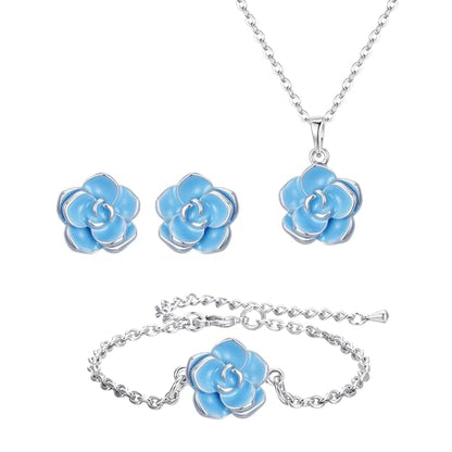 EleQueen Rose Flower Necklace Earrings Bracelet Set for Women - color: Light Blue-Silver