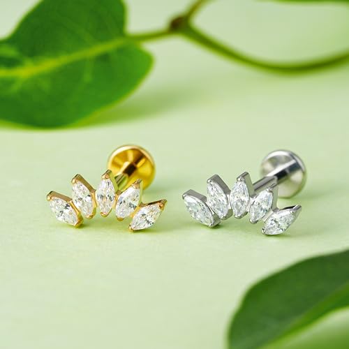 FINE4U 1PC ASTM F136 Titanium 16G Flatback Stud for Tragus, Helix, Conch 6mm 8mm - Screw on Cartilage Earring Piercing Jewelry - color: Five Marquise - Clear CZ - Gold