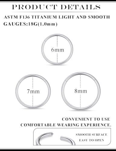 20G 18G 16G 14G Nose Rings Hoops Astm F136 Titanium Clicker Septum Jewelry Lip Ring Tragus Helix Daith Rook Conch Snug Cartilage Lobe Earrings Hoop Piercing Jewelry For Women Men Silver - size: 18G-6MM-7MM-8MM