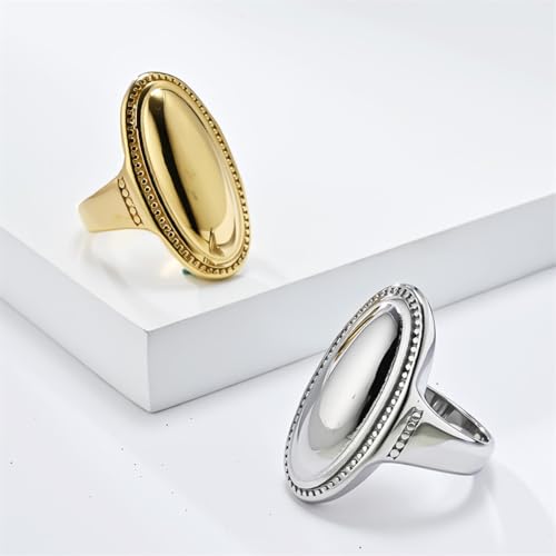 HIJONES Women's Stainless Steel Oval Checker Groove Rugby Ball Groove Dome Signet Ring Wedding Jewellery - color: Gold