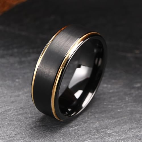 Tungsten Rings for Men Black Golden/Silver Blue Wedding Band | 7MM Mens and Women Engagement Wedding Rings Matte Brushed and High Polish Suitable for Couples' Anniversaries and Parties - color: 8mm black