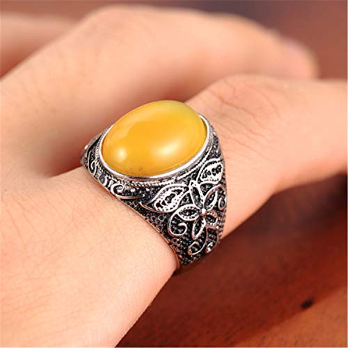 Retro Unisex Stainless Steel Oval Gemstone Hollow Flower Carved Signet Ring - color: Silver-Yellow
