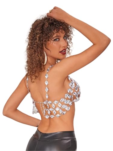 Rhinestones Body Chain Suit Silver Crystal Bikini Bra Underwear Sexy Sparkly Party Body Jewelry Accessories for Women - color: Silver